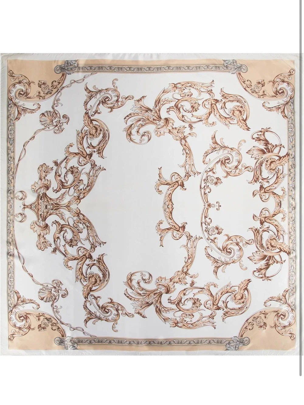 Elegant White & Beige Scroll-Print Silk Scarf